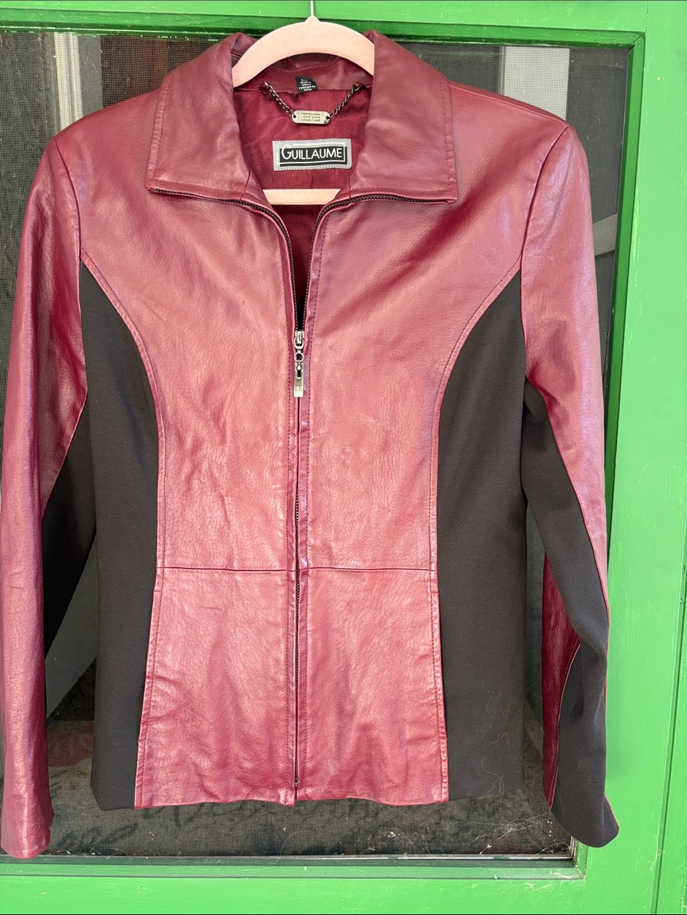 Guillaume Women's Burgundy Leather Jacket with Black Panels